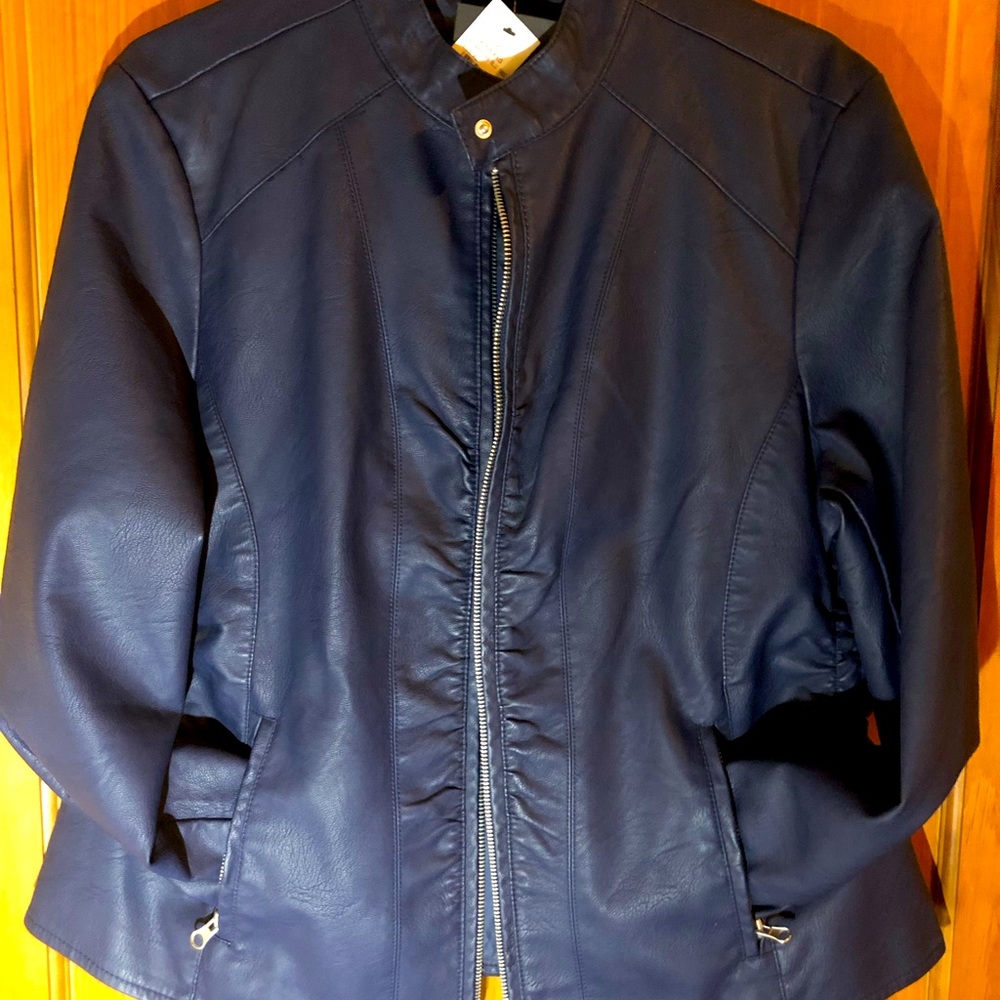 Baccini , new with tags, Navy Blue faux leather jacket.